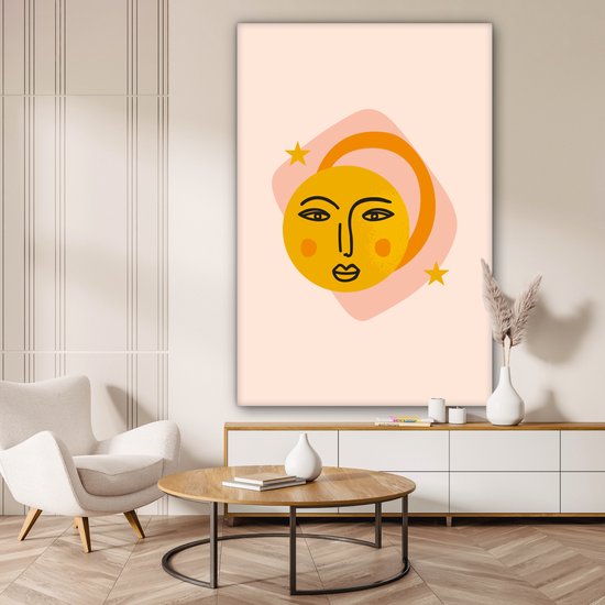 Canvas schilderij 120x180 cm - Wanddecoratie Zon - Gezicht - Sterren - Abstract - Muurdecoratie woonkamer - Slaapkamer decoratie - Kamer accessoires - Schilderijen