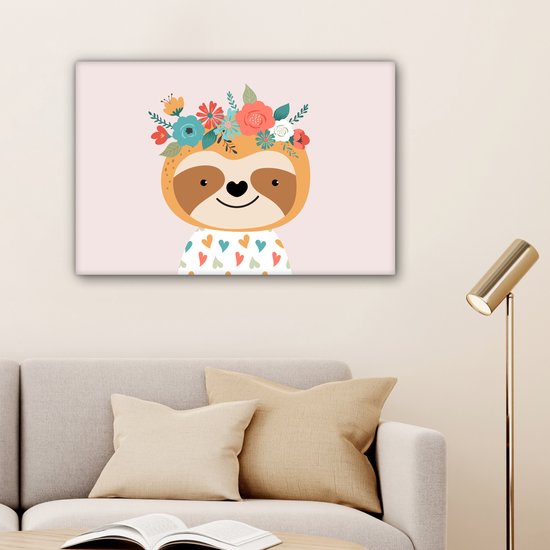 Toile Peinture Paresseux - Fleurs - Animaux - 180x120 cm - Décoration murale XXL