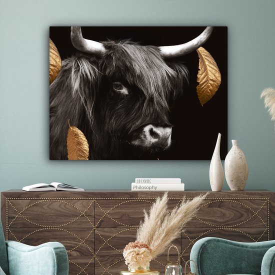 Décoration murale - Highlander écossais - Feuilles - Noir & Or - Peinture sur Toile - 120x90 cm