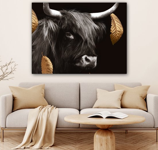 Décoration murale - Highlander écossais - Feuilles - Noir & Or - Peinture sur Toile - 120x90 cm