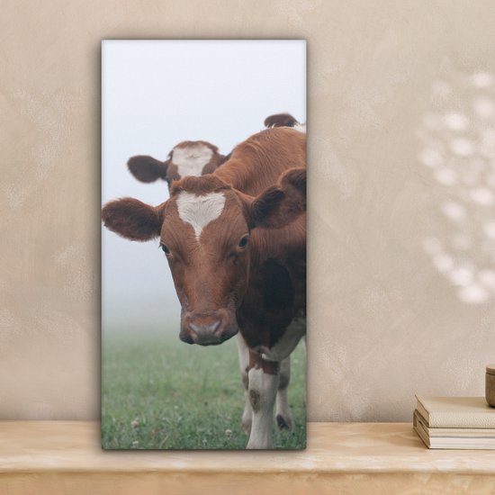 Tableau Peinture Vaches - Marron - Brouillard - 20x40 cm - Décoration murale