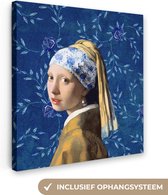 Canvas Schilderij Meisje met de parel - Delfts blauw - Vermeer - Bloemen - Schilderij - Oude meesters - 20x20 cm - Wanddecoratie