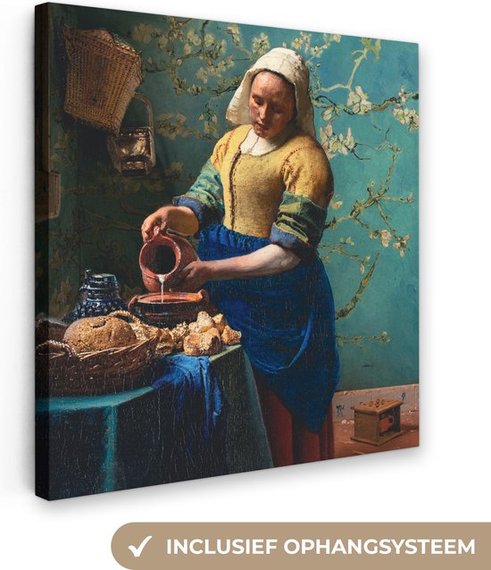 Canvas Schilderij Melkmeisje - Amandelbloesem - Van Gogh - Vermeer - Schilderij - Oude meesters - 20x20 cm - Wanddecoratie