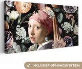 Toile de Oude Meesters - 80x40 - Peinture sur Toile - Jeune Fille à la Perle - Fleurs - Vermeer - Pastel - Oeuvre - Peinture - Maîtres Anciens