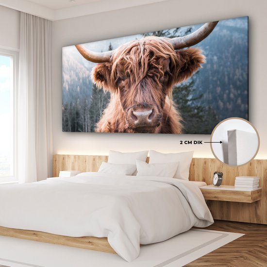 Wanddecoratie - Schotse hooglander - Dieren - Bos - Canvas Schilderij - 160x80 cm