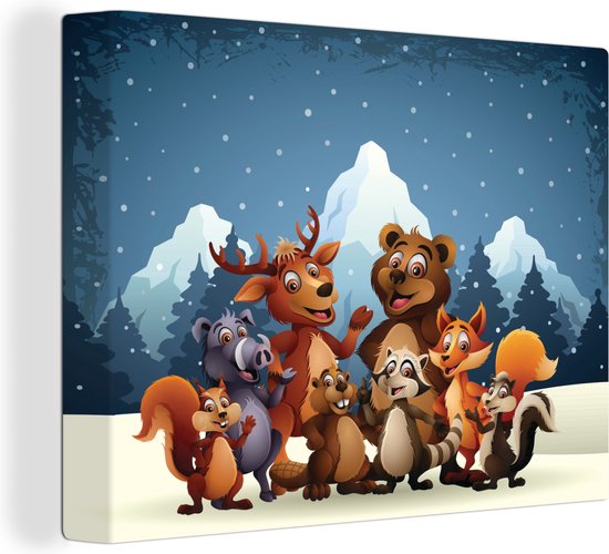 Canvas Schilderij Illustratie - Sneeuw - Wilde dieren - Meiden - Jongens - Baby - 40x30 cm - Wanddecoratie