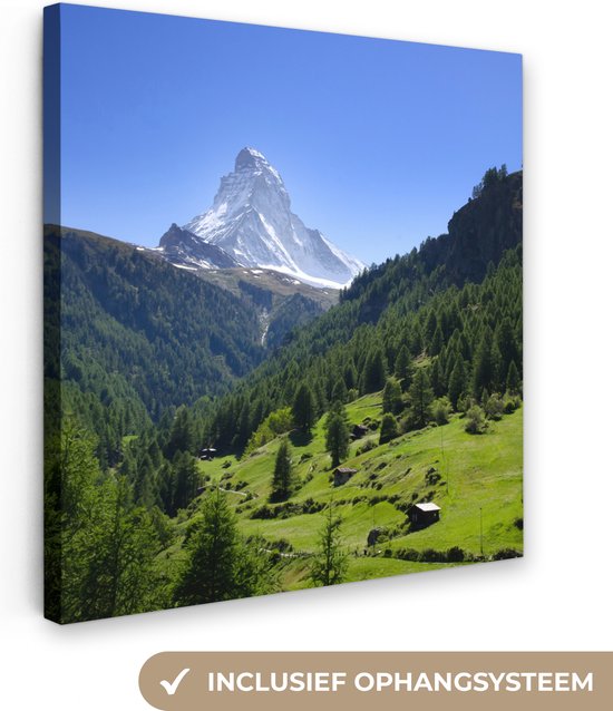 Canvas Schilderij Zwitserse Alpen in Matterhorn met groene bomen - 90x90 cm - Wanddecoratie