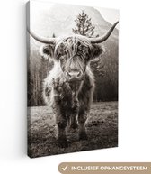 Schotse hooglander - Dieren - Zwart - Wit - Canvas - 40x60 cm - Wanddecoratie