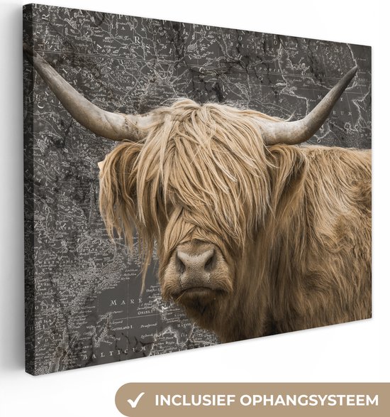 Wanddecoratie - Wereldkaart - Dieren - Schotse hooglander - Canvas Schilderij - 120x90 cm