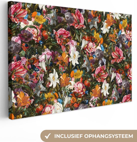 Canvas schilderij 140x90 cm - Wanddecoratie Bloemen - Vlinder - Design - Kunst - Abstract - Schilderij - Oude meesters - Muurdecoratie woonkamer - Slaapkamer decoratie - Kamer accessoires - Schilderijen