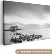 Canvas Schilderij Stenen in het water zwart-wit - 90x60 cm - Wanddecoratie