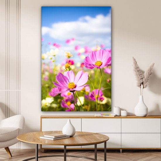 Canvas schilderij 90x140 cm - Wanddecoratie Bloemen - Wei - Paars - Gras - Wit - Wolken - Blauw - Muurdecoratie woonkamer - Slaapkamer decoratie - Kamer accessoires - Schilderijen op canvas