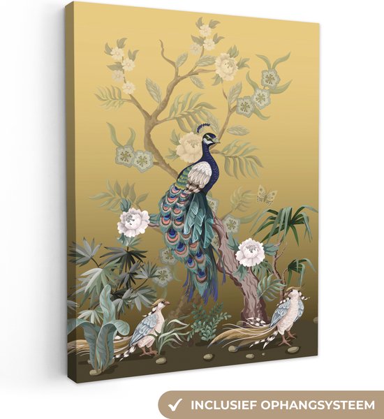 Canvas schilderij - Pauw - Bloemen - Goud - Pauwenveren - Luxe - Canvasdoek - 90x120 cm - Foto op canvas