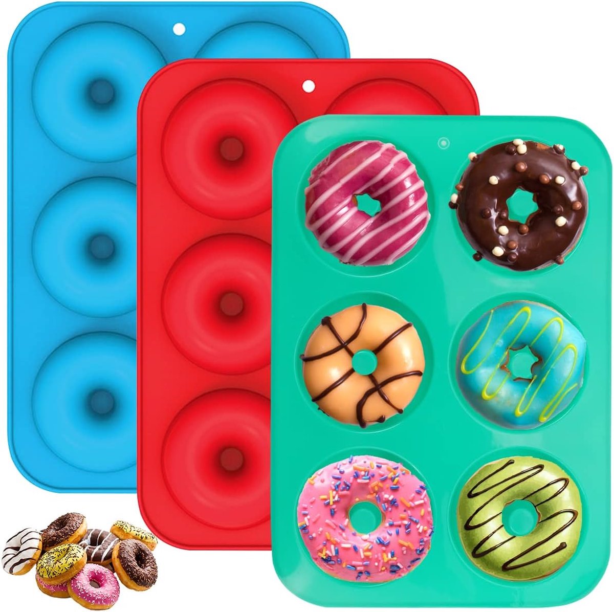 3 stuks siliconen donutvormen, donuts bakvorm, siliconen, 6 holle ruimtes, donutvorm, anti-aanbaklaag, donutmaker, donutvorm, 230 graden Celsius, hittebestendig, donutvormen, voor cake, koekjes, bagels, muffins