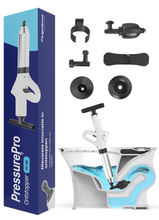 Brightbrand PressurePro Afvoer ontstopper – Toilet Ontstopper – Hogedruk Ontstopper – Wasbak Ontstopper - Inclusief Opzetstukken voor Diverse gootstenen – Inclusief Opzetstukken voor Diverse gootstenen Ontstoppingsveer – Plopper - Drain