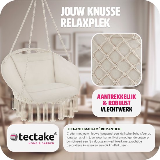 tectake® - hangstoel met kussen, geschikt voor slaapkamer decoratie binnenshuis, als schommelstoel of buitengebruik als tuinmeubel, balkonmeubel en rotanstoel, ondersteunt 150 kg - beige