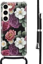 Hoesje met koord - Geschikt voor Samsung Galaxy S23 - Flowers - Verstelbaar zwart koord - Crossbody - Bloemen - Transparant, Multi - Leuke Telefoonhoesjes