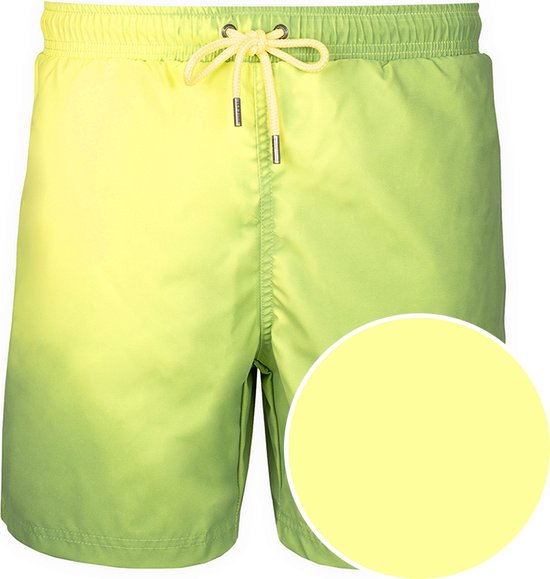 Zwemshort in een groene tot gele gradiënt, met gele veter en een gele cirkel.