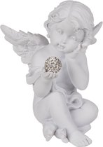 Witte zittende engel met bal met strass steentjes in de handen 13cmHc11cmBx7.5cmD