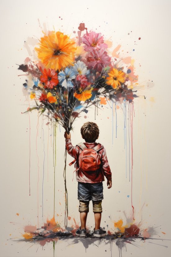 Collection Banksy 'Garçon avec bouquet de Fleurs' - Plexiglas transparent de qualité galerie 5 mm. - Cadre suspendu en aluminium aveugle - Décoration murale de Luxe - Art photo - emballé professionnellement et livré gratuitement