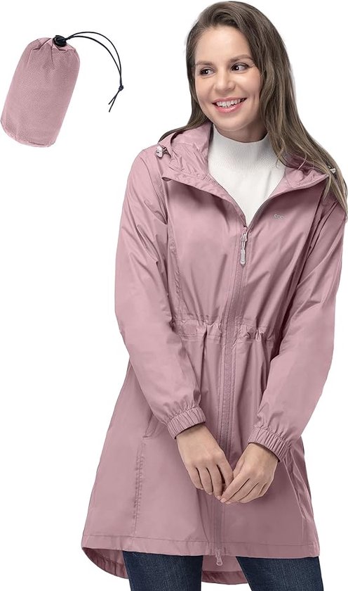 waterdichte opvouwbare damesregenjas met capuchon, licht ademend, reis-regenponcho, lange windbreaker voor dames, roze maat XL.