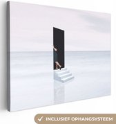 Toile - Abstrait - Homme - Porte - Escalier - Wit - Abstrait - 120x90 cm - Canvasdoek - Peinture