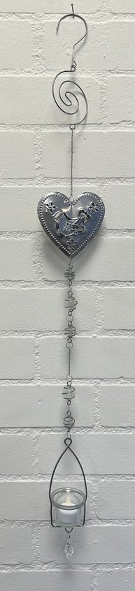 Deco theelichthouder "hart"met metalen ketting - Hart+vogel - zilveren ketting - lengte 100 cm - exclusief theelicht - Woondecoratie - Theelichthouder - Woonaccessoires