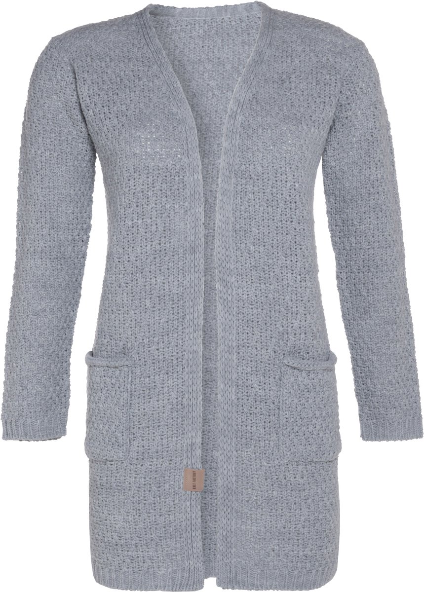 Knit Factory Luna Gebreid Vest Licht Grijs - Gebreide dames cardigan - Middellang vest reikend tot boven de knie - Grijs damesvest gemaakt uit 30% wol en 70% acryl - 36/38 - Met steekzakken