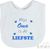 Soft Touch Slabber Slabbetje Slab "Mijn Oma is de liefste" Unisex Katoen Wit/blauw Maat 33x22 Cm