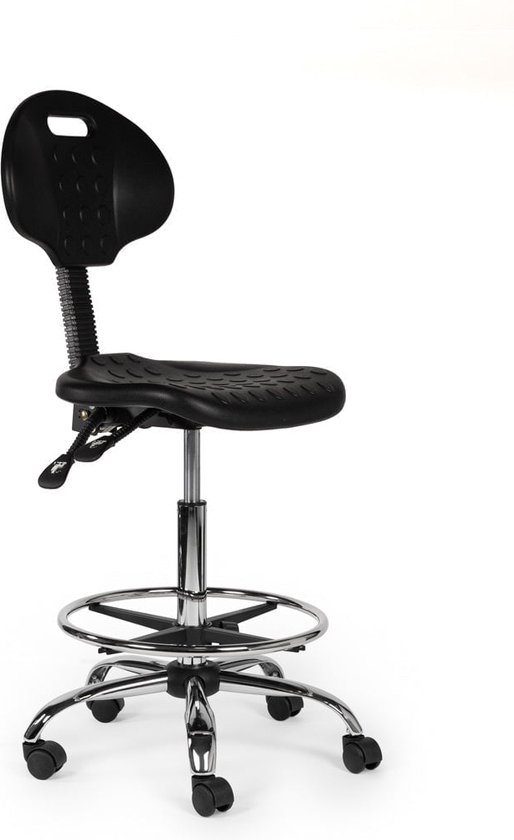 Werkplaatsstoel Zwart Standaard met Voetring - Zithoogte 50/68cm - kruk op wielen - krukje - werkkruk - zadelkruk - bureaukruk - kapperskruk - verstelbaar - draaikruk - tabouret - zadelkruk met rugleuning - tot 160kg