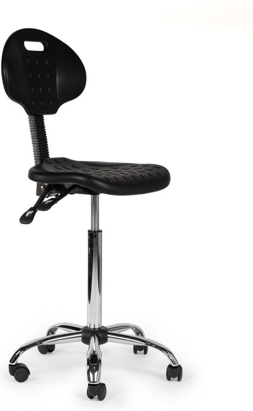 Werkplaatsstoel Zwart Hoog - Zithoogte 70/84cm - kruk op wielen - krukje - werkkruk - zadelkruk - bureaukruk - kapperskruk - verstelbaar - draaikruk - tabouret - zadelkruk met rugleuning - tot 160kg