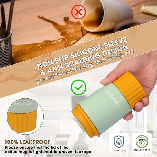 Koffiemok to go thermo 360 ml, thermobeker koffie to go, koffiebeker van roestvrij staal dubbelwandig geïsoleerd, lekvrij, coffee-to-go beker warm voor koffie en thee (geel) — afbeelding 3