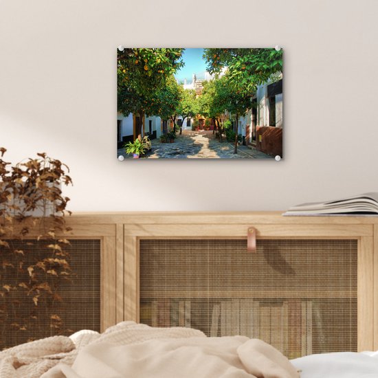 ® Glasschilderij 30x20 cm - Schilderij acrylglas - Sevilla - Boom - Wit - Foto op glas - Muurdecoratie woonkamer - Wanddecoratie slaapkamer - Schilderijen