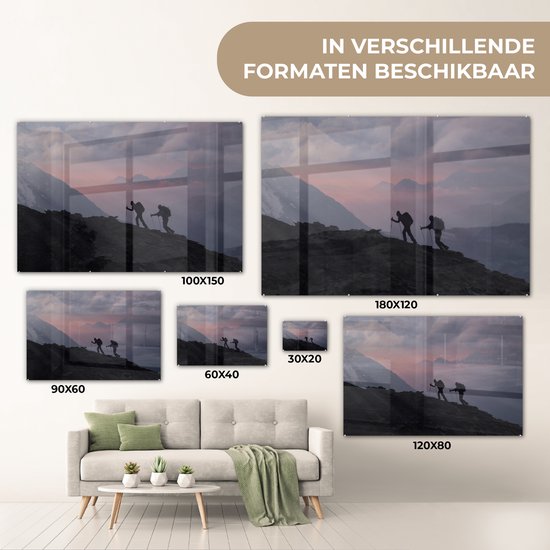 MuchoWow® Peinture sur verre 90x60 cm - Peinture sur verre acrylique - Deux alpinistes escaladent une montagne au lever du soleil - Photo sur verre - Peintures