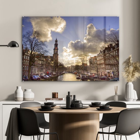 Peinture sur verre - Westerkerk à Amsterdam avec un ciel nuageux - 120x80 cm - Peintures sur Verre Peintures - Photo sur Glas
