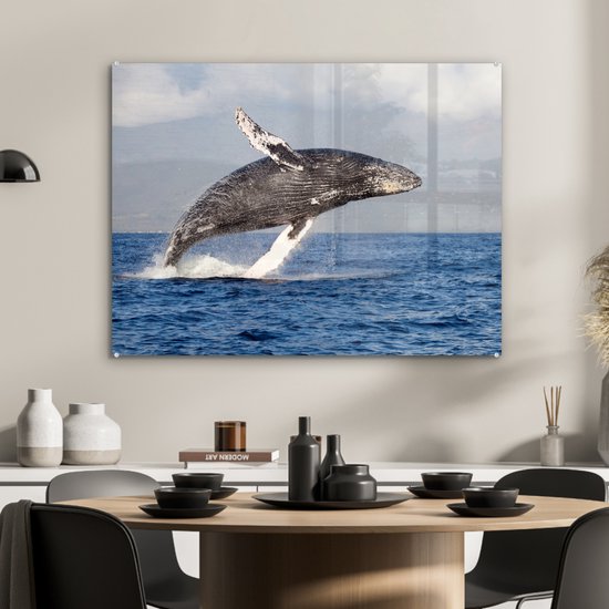 MuchoWow® Peinture sur verre 80x60 cm - Peinture sur verre acrylique - Une baleine à bosse sautant hors de l'eau - Photo sur verre - Peintures