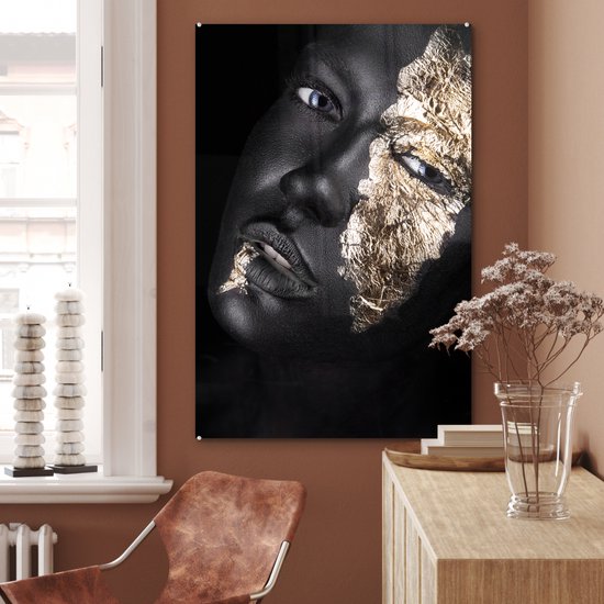 MuchoWow® Peinture sur verre 80x120 cm - Peinture sur verre acrylique - Femme - Or - Zwart - Peinture - Luxe - Photo sur verre - Peintures