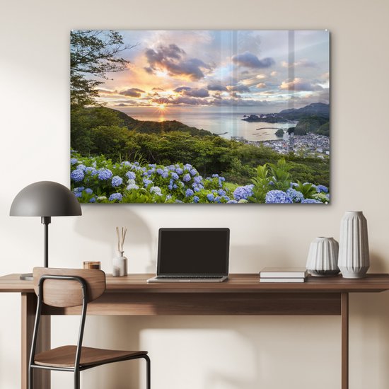 Peinture sur Verre - Coucher de Soleil avec Hortensia - 120x80 cm - Peintures sur Verre Peintures - Photo sur Glas