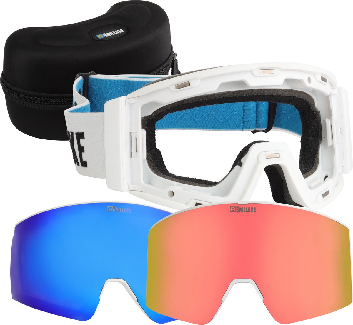 Brilleke® snowboardbril. Met 2 gekleurde lenzen, één voor goed en één voor slecht weer. Veilig opgeborgen in hardcase + extra lensbeschermer. (Wit)