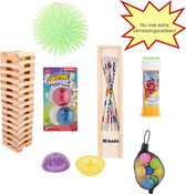 Spellen / Speelgoed set XL - Kinderfeestje - Cadeau pakket - Mini Jenga - Mikado - 10x Stuiterballen - Bellenblaas - Jumping poppers - Puffer ball - Extra verrassingszakje
