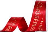 Kerst Lint 25mm (2,5cm) | Luxe Klassiek Satijnlint | Merry Christmas Rood Goud Kerstlint | Rood (250) Goudfolie | Stijlvol Kerstlint Goudfolie | Cadeaulint | Decoratielint | Rol: 10 Meter