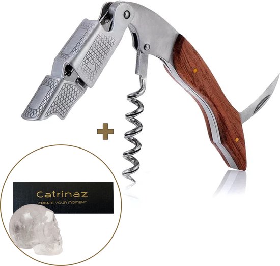 Catrinaz® - Premium kelnersmes in rosewood - Luxe wijnopener - kurkentrekker - Flesopener - RVS/HOUT - Giftbox met witte kwarts skull - Uniek geschenk - Vaderdag cadeau