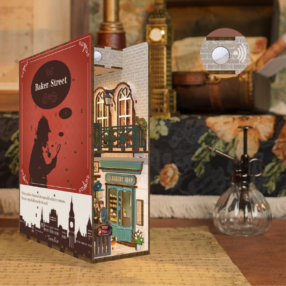 Tonecheer Baker Street Book Nook Bouwpakket - Modelbouw - 18,2 x 8 x 24,5 cm - Houten 3D Puzzel - Boekensteun - LED-licht - Bewegingssensor Licht - Boekenhouder — afbeelding 4