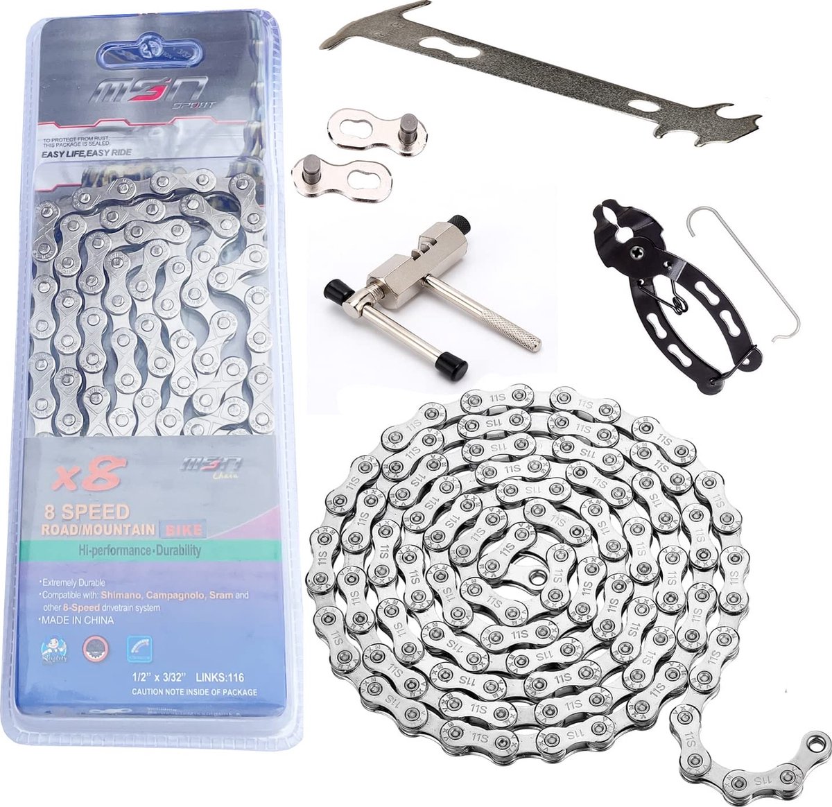 Kit Catena Bici Boisbresil | 116 Maglie Acciaio Carbonio | Per 6/7/8 Velocità | Con Attrezzi E Sacchetto - Foto 6