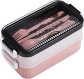 2-delig Bento Lunchbox Lunchtrommel met Bestek en Soepkom | Luchtdicht Lekvrij | Magnetron- en Vaatwasserbestendig L*B*H 21.5*11*15 CM 1100ML - ROZE MS-33