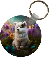 Sleutelhanger - Puppy - Bloemen - Planten - Natuur - Husky - Plastic - Rond - Uitdeelcadeautjes