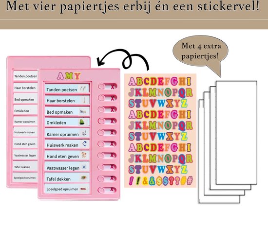Roze planbord met takenlijsten, stickers en 4 extra papieren.