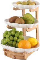 Fruit Stand Ceramic 3 Tiers, Modern Fruit Bowl with 3 White Shell Porcelain Bowl and Bamboo Stand, Fruit Basket 3 Levels for Snack, Vegetables and Fruit Storage