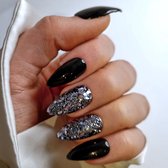 SD Press on Nails - No. 66 Black Out - Plaknagels met nagellijm - Medium Stiletto Nageltips - Zwart Zilver Glitter - Set 20 Handgemaakte Nagels - Gellak - Nail Art - Accessoires