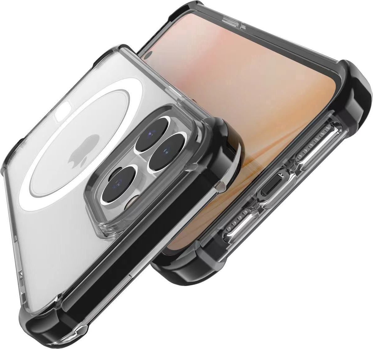 Premium Magnetische Siliconen Back Cover met Schokbescherming – Geschikt voor iPhone 15 Pro Max – Transparant met Gekleurde Randen – Met Verhoogde Camerarand & MagSafe Ondersteuning – Anti-Yellow Hoesje - Transparant/Zwart